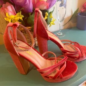 Lulu's Vibrant coral Velvet Heels